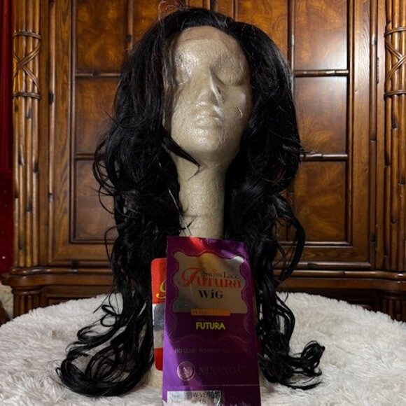 Nix & Nox Swiss Lace Futura 25" FLW-Venus Color 1B Wavy No Glue! Synthetic Wig - Picture 2 of 16